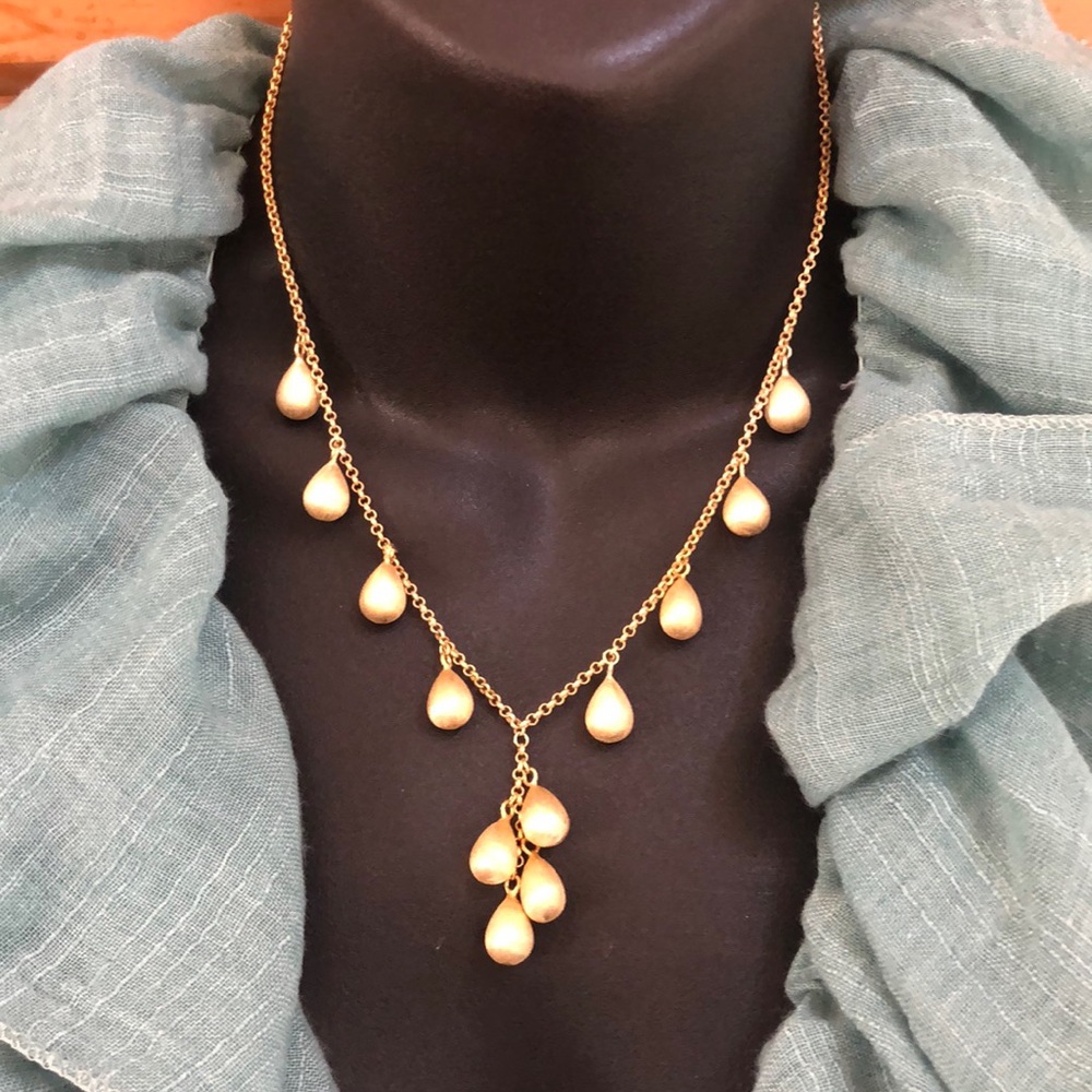 Yellow Gold Charms Textured Dimensional Drops Dangle Necklace Adjustable Length
